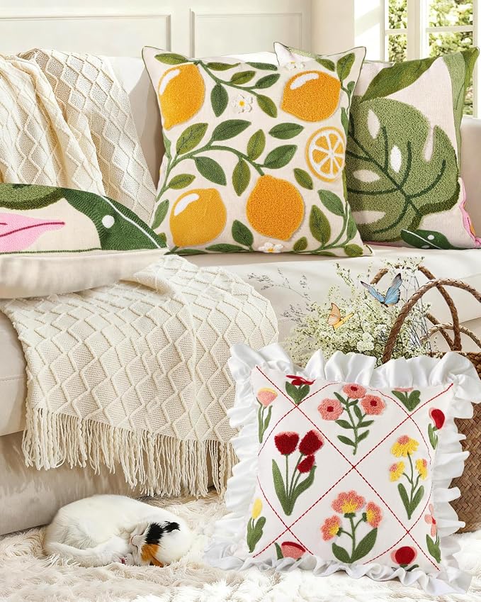 Embroidered Throw Pillow Cover - 18x18 Decorative Pillow Cover with Zipper Aesthetic Cute Design Boho Spring Summer Throw Pillowcase for Living Room Couch Sofa Bed, Ruffle Floral