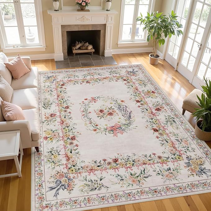Joydeco Washable 9x12 Area Rugs, Ultra-Thin Large Area Rug for Living Room, Pink Soft Non Slip Boho Floral Bow Apartment Decor Carpet for Big Bedroom Playroom Nursery Office, Light Pink