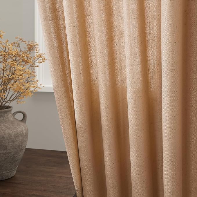 Camel Linen Curtains for Living Room 92 Inches Long Back Tab and Rod Pocket Light Filtering Semi Sheer Vintage Rustic Curtain Luxury Boho Decor Drapes for Bedroom Office 52x92, 2 Panels