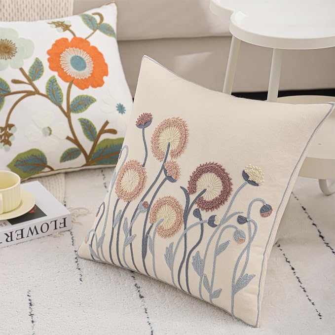 Fall Embroidered Throw Pillow Covers 18x18 Set of 2 Blowball | Durable Fabric,Square Pillow Cover,Boho Decorative,Hidden Zipper,Aesthetic Design,Ideal Gift,Machine Washable