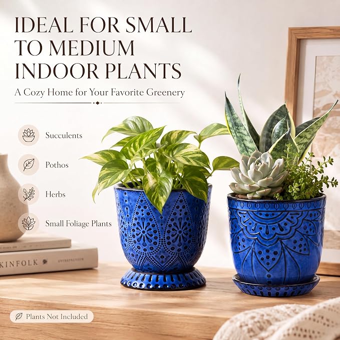 Gepege Ceramic Plant Pots, 6 Inch Indoor Planters with Drainage & Saucers | Ceramic pots for plants with drainage holes, ceramic saucers and mesh pads, ideal for flowers, herbs and succulents, set of 2