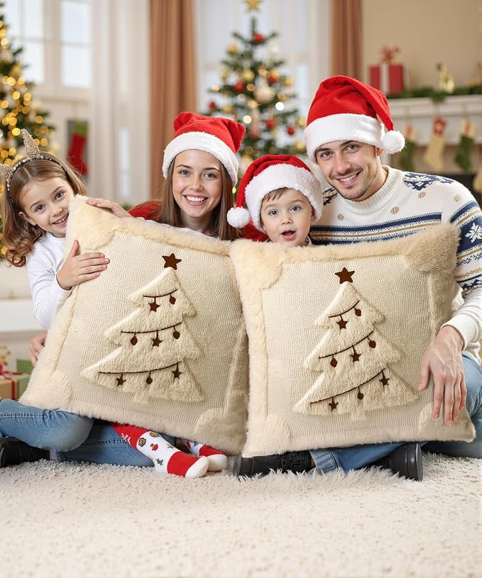 Christmas Pillow Covers Set of 2 Soft Plush Faux Fur Pillow Cases 3D Embroidered Decorative Couch Cover Home Decor Christmas Throw Pillow Covers 18x18,Beige Christmas Tree