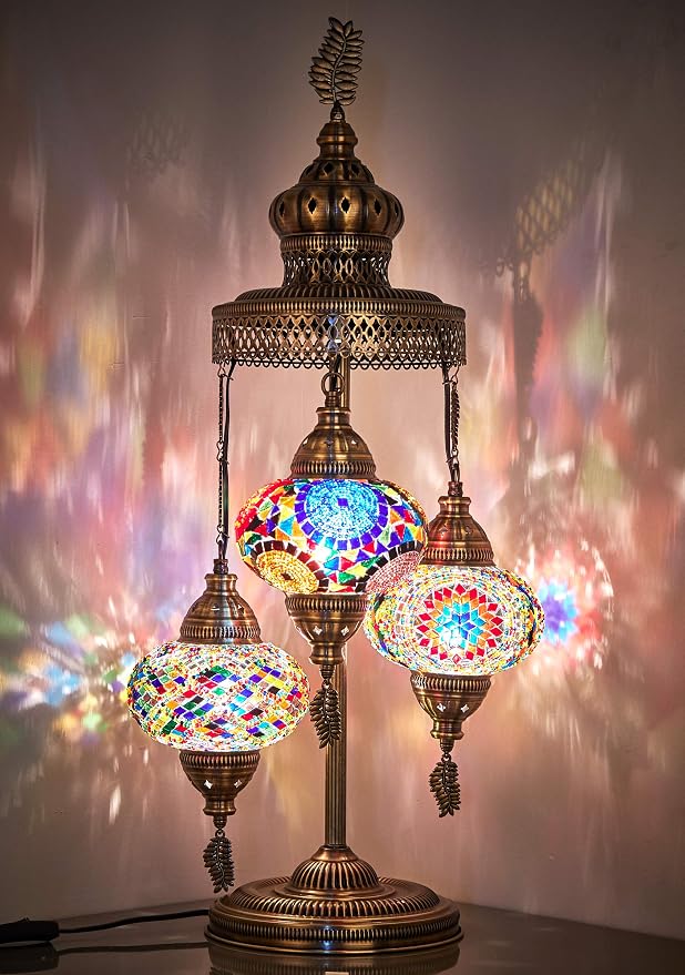 DEMMEX 3 Big Globes XL Magnificent Handmade Turkish Moroccan Mosaic Tiffany Style Table Desk Bedside Lamp Lampshade Exotic Night Accent Light for North American Use, 31" Height (Gift Me - Multicolor)