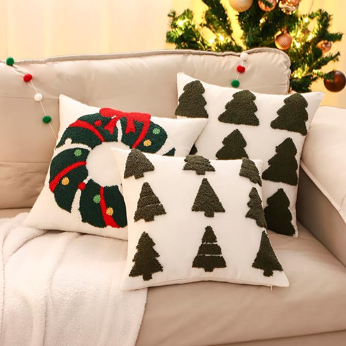 Christmas Throw Pillow Covers 18x18 Set of 2 Dark Green Xmas Tree