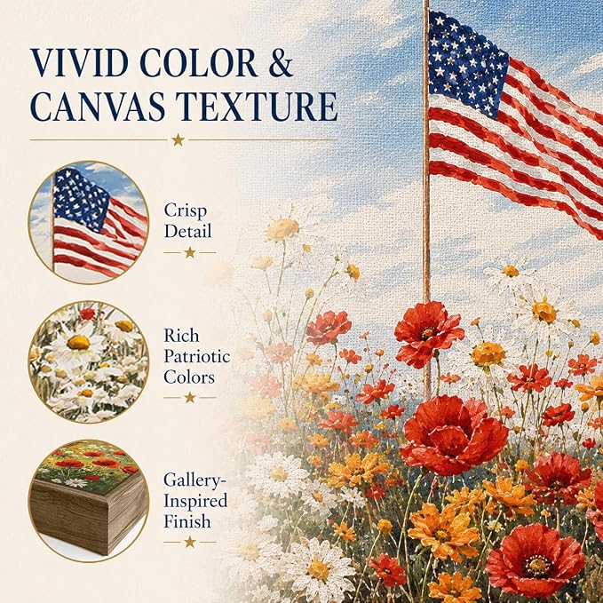 American Flag Framed Canvas Wall Art, 4th of July Patriotic Canvas Prints | Wildflower Landscape Poster Print, Vintage Rustic Independence Day Wall Decor for Bedroom Living Room Office 20×24in
