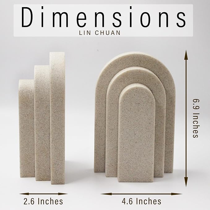LIN CHUAN Heavy Duty Bookends for Shelves, Set of 2, Sandstone Beige | Book Ends for Heavy Books, Decorative Book Stopper with Faux Sandstone Finish, Layered Arch Design Bookshelf holder, 6.6 lbs