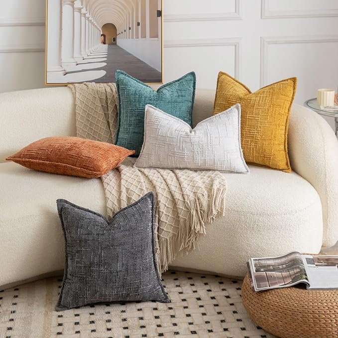 MADIZZ Pack of 2 Chenille Throw Pillow Covers 24x24 Inch Dark Grey Soft Neutral Decorative Throw Pillows for Couch Sofa Boho Accent Cushion Covers Modern Farmhouse Home Decor for Bedroom Living Room