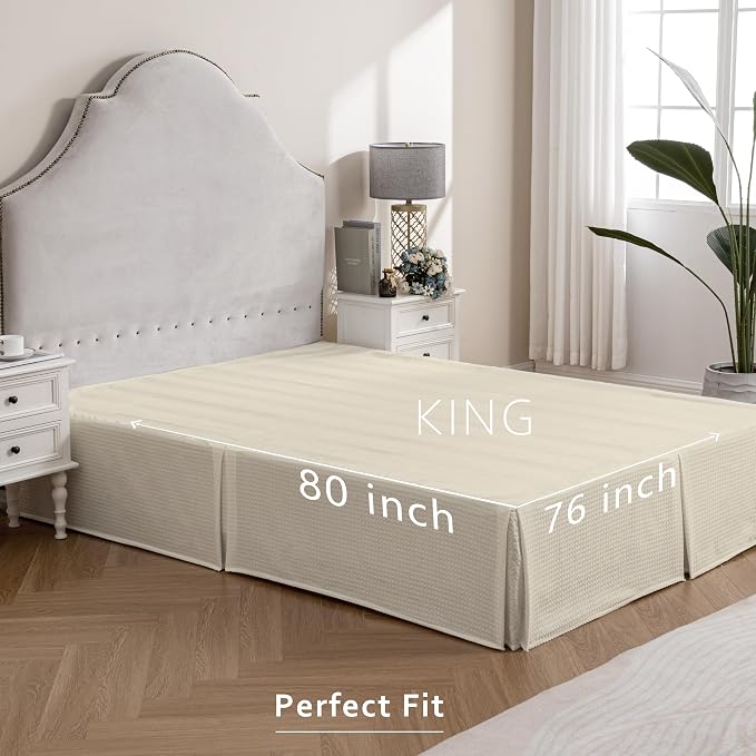MIYE Pleated Waffle Weave Bed Skirt, Tailored Dust Ruffle 16 Inch Drop Easy Fit, Machine Washable,No Split Corners (Light Beige, King - 16" Drop)