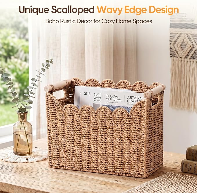Handwoven Magazine Holder, Scalloped Edge Magazine Basket | Natural Paper Rope,Inner Iron Frame with Solid Wood Handles,For Books Newspapers Files, Office Living Room