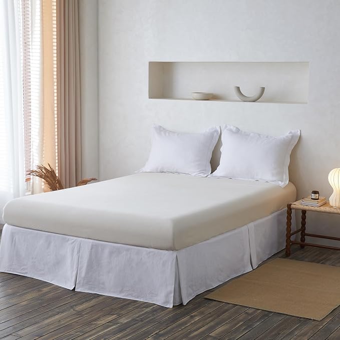 BISELINA French Linen Wrap Around Bed Skirt with Pleated Corner 18-Inch Tailored Drop Natural Flax Cotton Blend Basic Soft Cozy (18" King, White)