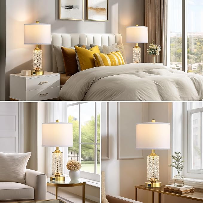 QiMH Gold Glass Table Lamps Set of 2, Nightstand Lamps for Living Room
