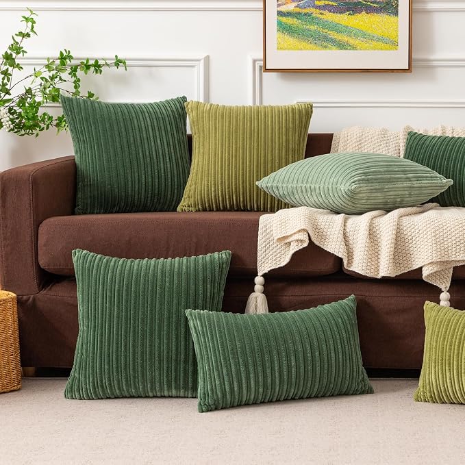 Kevin Textile Striped Corduroy 24”x24” Pillow Covers 2 Pack, Moss Green