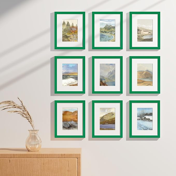 Vittanly 8x10 Picture Frames Set of 9 for Wall or Tabletop Display, Green | Display Pictures 5x7 with Mat or 8x10 without Mat, Small Photo Frames, Engineered Wood with Shatter Resistant Plexiglass