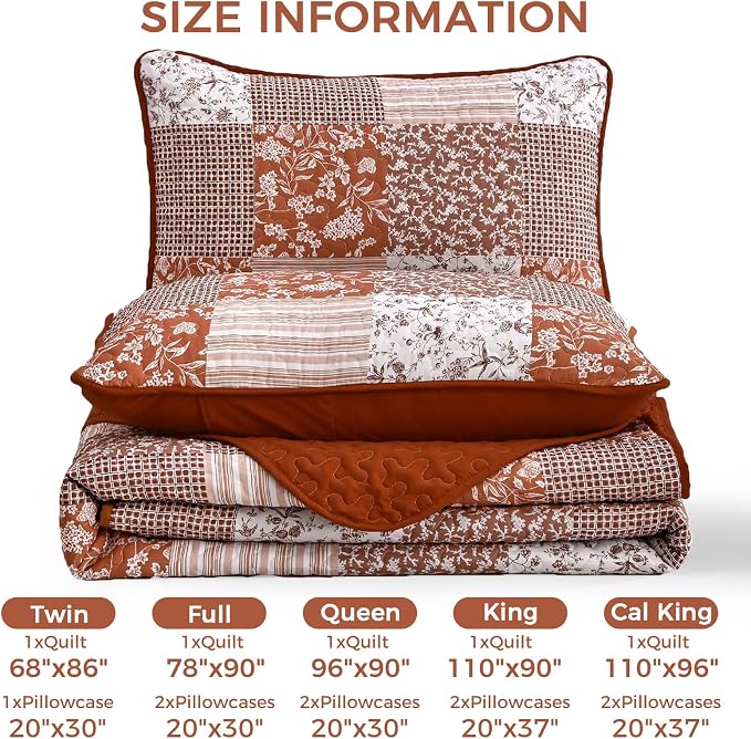 Mybedsoul Burnt Orange Boho Quilt Queen Size, Patchwork Fall Bedding Set | Soft Lightweight Microfiber Floral Coverlet Set, 3 Pieces Plaid Reversible Bedspread, Bed Sets for All Seasons 96"x90"