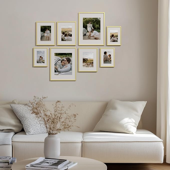 eletecpro Aluminum Gallery Wall Frame Set of 8 with Glass Cover, Gold | Including 2Pcs 11x14, 3Pcs 8x10, 3Pcs 6x8 Photo Frames, Multiple Sizes Picture Frames Collage Wall Decor or Tabletop Display