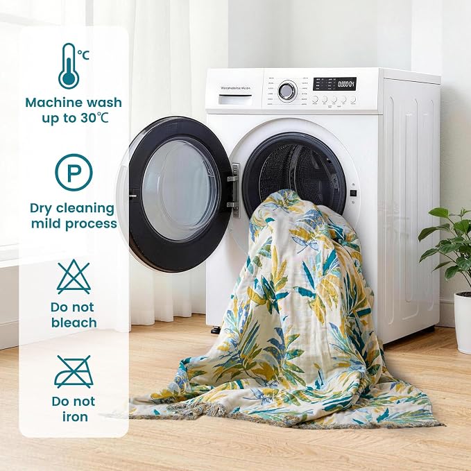 MSGKV Boho Throw Blanket 50"x60" 100% Cotton Leaves Muslin Throw for Couch | 100% Cotton Blanket, Leaves Throw Blanket, Reversible Weave, Soft & Breathable, Nature Home Decor, Machine Washable