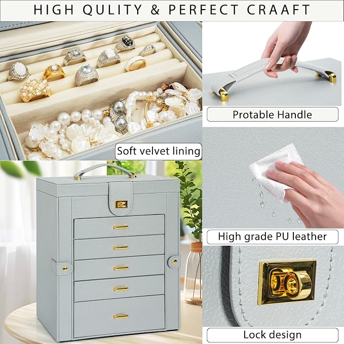 AKOZLIN 6-Tier Jewelry Box Organizer Functional 5 Drawers Leather Jewelry Storage Case for Women Girls Ring Necklace Earring Bracelet Holder Organizer with Mirror Grey Large