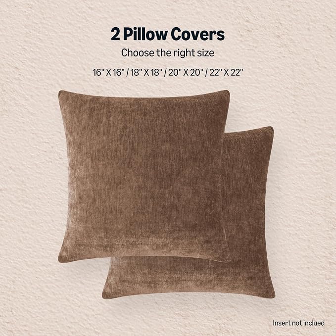 Amazon Basics Chenille Throw Pillow Covers, Home Decor Cushion Cover for Bedroom Living Room Couch Bed, 16" W × 16" L, Brown