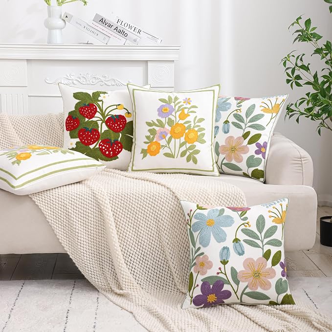 Embroidered Throw Pillow Covers 18x18 Pack of 2 Multicolored Flowers Pillow Covers Farmhouse Pillow Cushion Case Summer Decorative Farm Pillowcases Square Rustic Floral Pillow Case