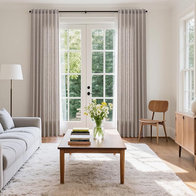 Brownish Grey Linen Curtains for Living Room 92 Inches Long Back Tab Light Filtering Semi Sheer Curtain Modern Farmhouse Decor for Bedroom Office Luxury Textured Drapes 52x92, 2 Panels
