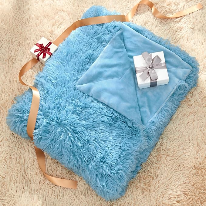 GONAAP Fuzzy Faux Fur Throw Blanket for Couch, Sky Blue, 50"x60" | Warm Cozy Plush Shaggy Decorative Reversible Thick Non-Heated Fleece Blanket for Sofa Bed, Gift for Women Men, All Season Use