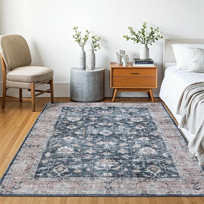 Machine Washable Area Rug, Soft & Durable, Non-Slip, Stain Resistant Rug for Bedroom, Living & Dining Room, High Traffic Areas (Indigo Bloom, 9' X 12')