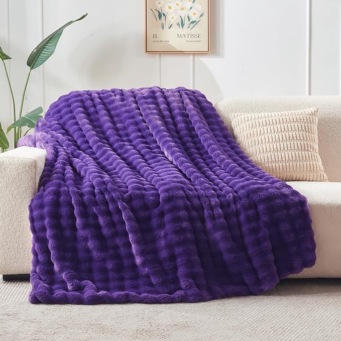 NEWCOSPLAY Faux Fur Fluffy Bubble Twin Blanket for Couch, Purple, 60"x80" | Soft Thick Warm Bubble Blanket for Couch Sofa Bed 550GSM, Plush Cozy Luxury Decorative Throw, Gift for Women Men
