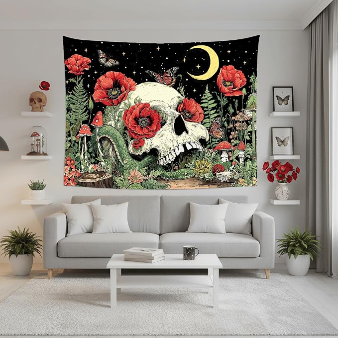 Accnicc Floral Skull Tapestry Vintage Flower Gothic Skeleton Tapestries Wall Hanging Mushroom Butterfly Plant Snake Horror Large Tapestry for Bedroom Living Room Dorm 80 x 60 inch