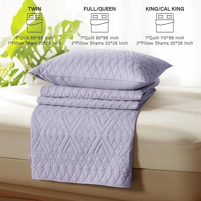 akkialla Full/Queen Size Quilt Bedding Set,Lavender Lightweight Microfiber Soft Bedspread,Modern Style Geoetric Pattern Coverlet Set for All Seasons,3 Piece(1 Quilt,2 Pillow Shams)