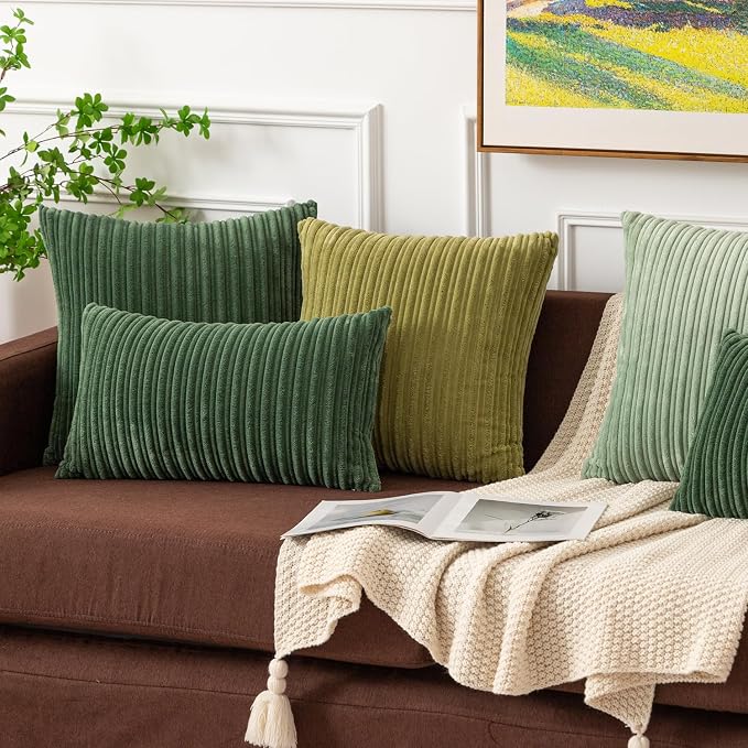 Kevin Textile Striped Corduroy 20”x20” Pillow Covers 2 Pack, Moss Green