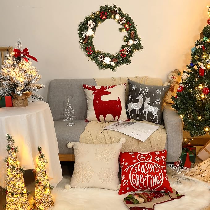 Lewondr Christmas Throw Pillow Cover with Deer Snowflake, 20"x20", 2 Pack | Gray, Soft Velvet, Embroidery Decorative, Luxurious Sofa Cushion Cover, Home Christmas Decoration
