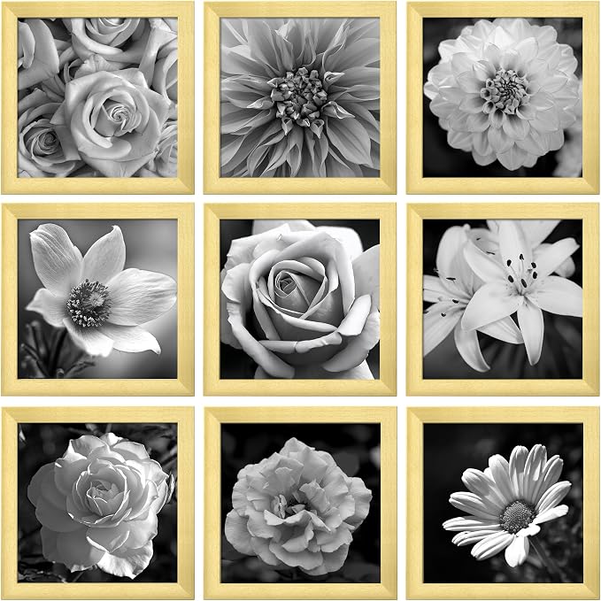 eletecpro Picture Frames Set of 9, 8x8 in, Acrylic Cover, Gold | Display Photo 4x4 with Mat or 8x8 without, Square Gallery Collage, Wall Mount, Minimalist Home Decor, Engineered Wood