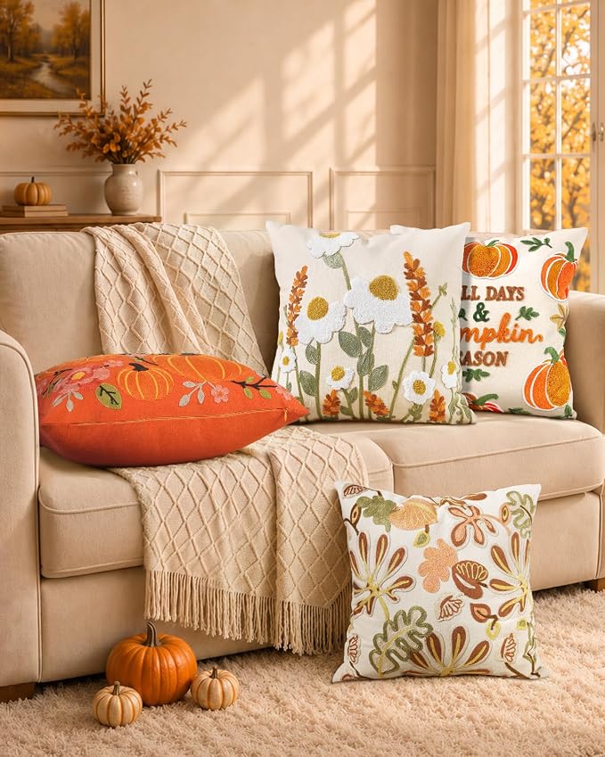 Wildflower Embroidered Throw Pillow Cover 18x18 Inch Fall Floral