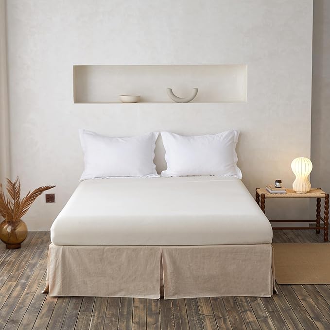 BISELINA French Linen Wrap Around Bed Skirt with Pleated Corner 18-Inch Tailored Drop Natural Flax Cotton Blend Basic Soft Cozy (18" King, Linen)