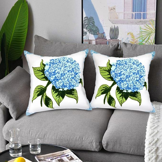 Alysheer Spring Hydrangea Embroidered Decorative Throw Pillow Covers 18"x 18" Set of 2, Summer Blue Green Floral Tufted Patterned Cotton Cushion Cases for Couch Bed Living Room Decor