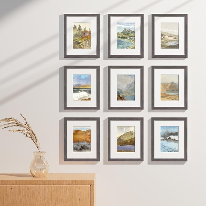 Vittanly 8x10 Picture Frames Set of 9 for Wall Mount & Tabletop, Dark Grey | Display Pictures 5x7 with Mat or 8x10 without Mat, Small Photo Frames, Engineered Wood with Shatter Resistant Plexiglass