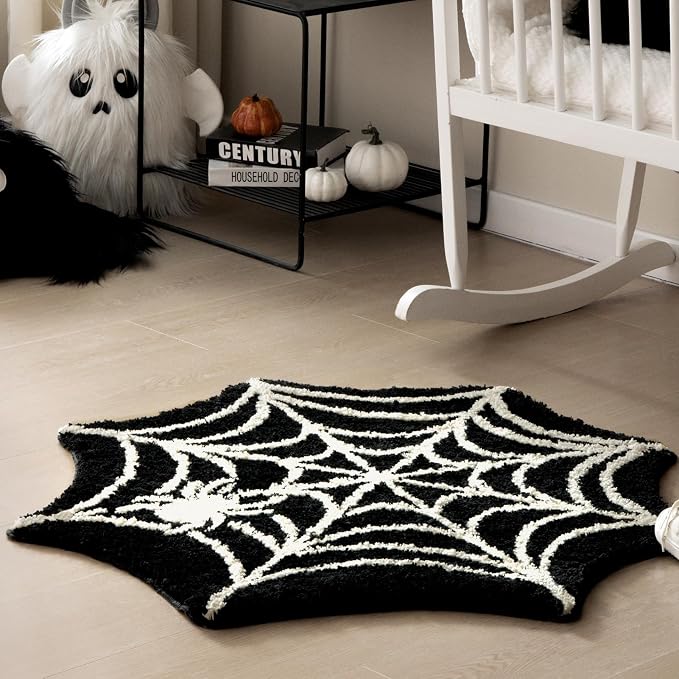 Ashler Halloween Spider Web Rug, Spiderweb Bath Mat for Halloween Decor, Gothic Bathroom Rug, Spiderweb Area Rug Non-Slip Tufted Mats for Front Door, Living Room, Bedroom, Front Door, 35.5×35.5inches