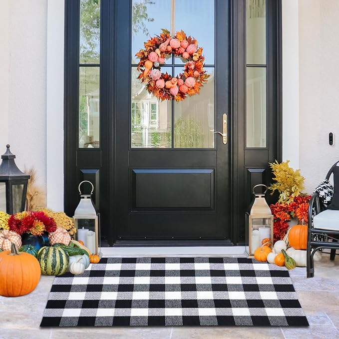 Buffalo Plaid Area Rug 3x5 Ft, Black White Indoor Outdoor Rug | Cotton Blend, Black White Checkered, Machine Washable, Layering Rug, Front Porch Entryway