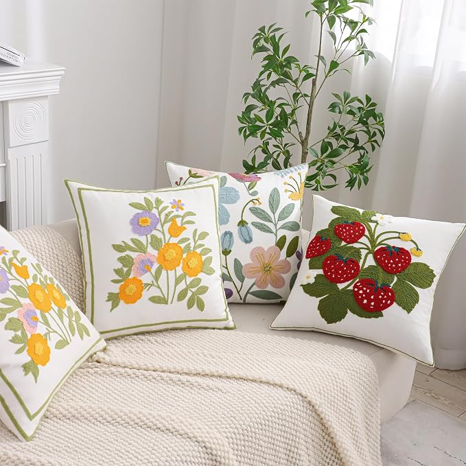 Embroidered Throw Pillow Covers 18x18 inch Pack of 2 Red Strawberry with Green Leaves Floral Pillowcases Farmhouse Pillow Cushion Cases Summer Home Decor for Sofa Bed Living Room