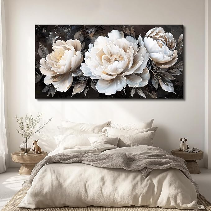 QIYILEXWART Canvas Wall Art For Living Room Large Wall Decor For Office Bedroom Decorations White Peony Landscape Pictures Farmhouse Painting Artwork Room Wall Mural Aesthetic Home Decor 30x60 In