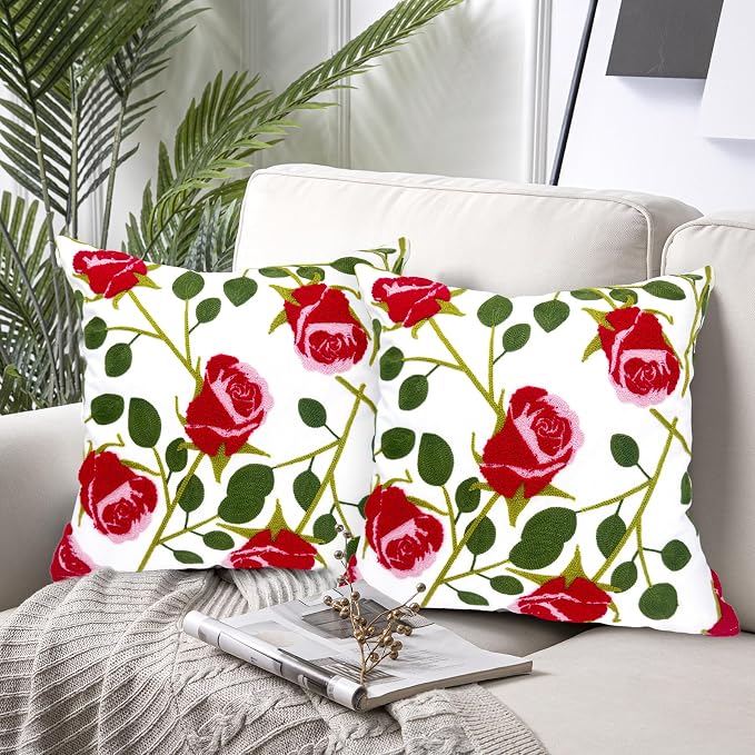 Alysheer Set of 2 Floral Embroidered Decorative Throw Pillow Cover 18" x 18" inches, Farmhouse Cottage Embroidery Red Rose Pattern Cotton Cushion Case for Sofa Couch Bed Living Room Outdoor Decor