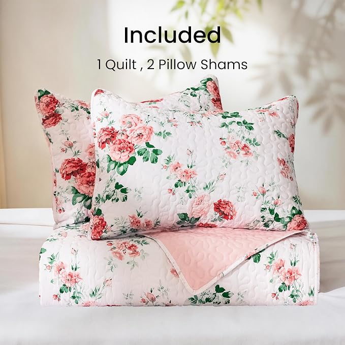 EXQ Home Printed Quilt Set Full Queen Size Pink Daphne Bedspread Set | Bedding Set For All Season Use, Soft & Breathable Coverlet,3-Piece Set Includes 2 Shams, Machine Washable