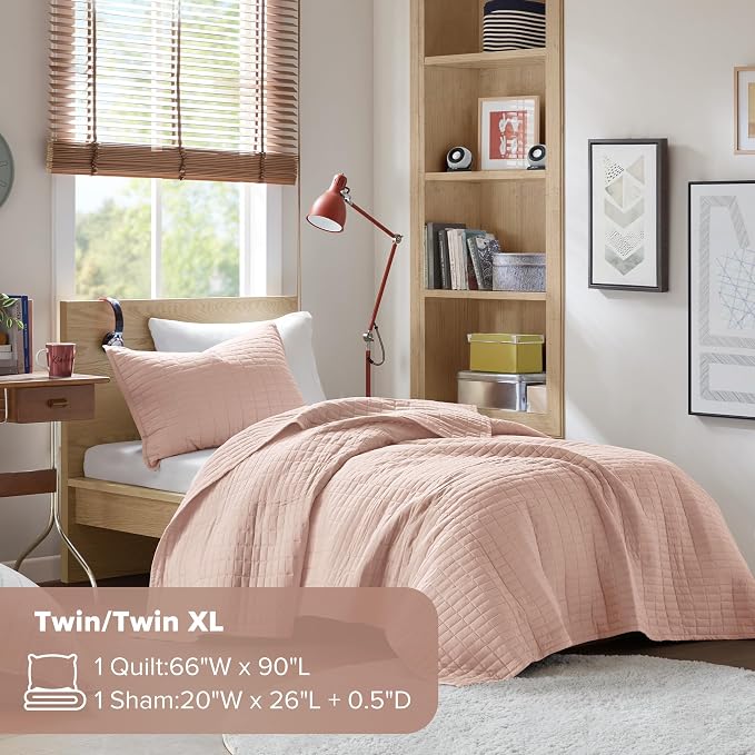 Comfort Spaces Kienna Twin Quilt Bedding Set 2 Piece, 66"x 90" Blush | Soft Cozy Lightweight Summer Twin XL Coverlet for College Dorm, Quilted Extra Layer, Modern Casual Bedroom Decor, OEKO-TEX