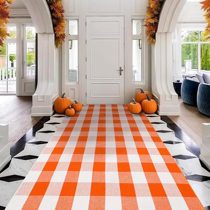 Fall Buffalo Plaid Rug 4x6 Ft, Orange White Indoor Outdoor Rug | Cotton Blend, Orange White Checkered, Machine Washable, Layering Rug, Porch Entryway Decor