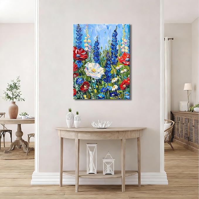 Made USA Framed Red White Blue Wildflower Wall Art, Retro Bedroom Kitchen Wall Decor Rustic 4th of July Independence Day Canvas Prints Artwork, Classic Patriotic Pictures Home Decor