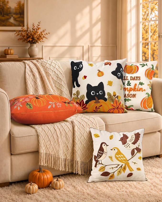 Bird Leaves Embroidered Throw Pillow Cover 18x18 Inch Fall Farmhouse
