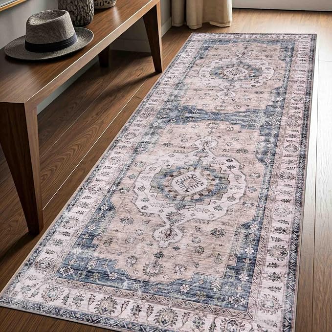 Machine Washable Area Rug, Soft & Durable, Non-Slip, Stain Resistant Rug for Bedroom, Living Room, Dining Room, High Traffic Areas. (Light Blue/Ivory, 2.5' X 7')