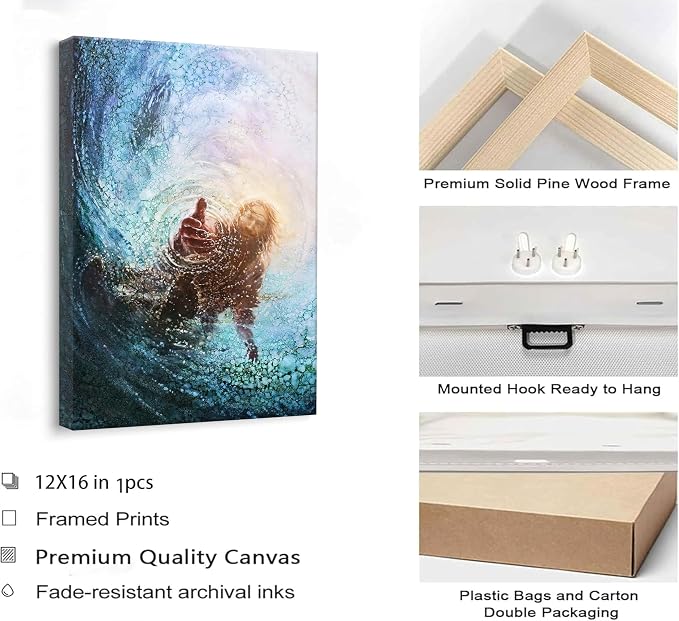DYLGYWI Jesus Christian Canvas Wall Art | Hand of God Reaching Into Water Picture Bible Christ Religion Wall Decor Poster Print for Living Room Bathroom Church