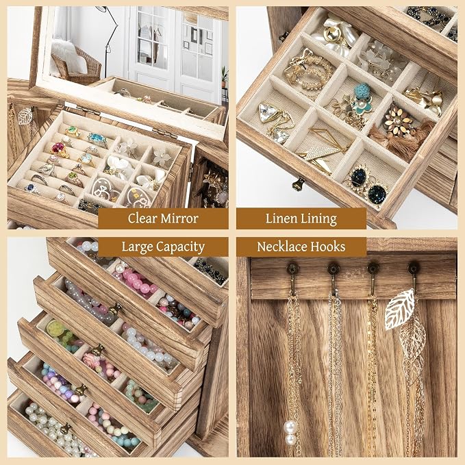Emfogo Wooden Jewelry Box for Women, 6-Tier Large Jewelry Organizer Boxes with Mirror Rustic Solid Wood jewlery Storage Display for Rings Earrings Necklaces Bracelets watches(Carbonized Brown)