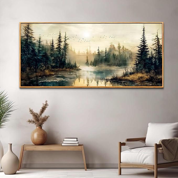 FUHAIHUA Wood Framed Large Wall Decor For Living Room Canvas Wall Art For Office Farmhouse Wall Decorations For Bedroom Forest River Landscape Paintings Modern Pictures Artwork Room Home Decor 32x72 In